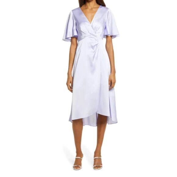 Floret Flutter Sleeve Satin Midi Dress Lavender Purple Size S - Picture 1 of 6
